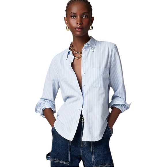 J. Crew Tops - J Crew Blue Stripe Shrunken Button Up Collared Oxford Womens Size 12 Cotton